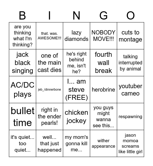 A Minecraft Movie Bingo Card