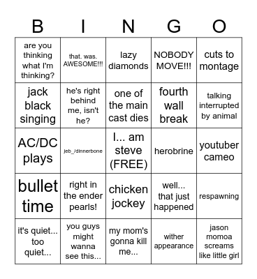 A Minecraft Movie Bingo Card