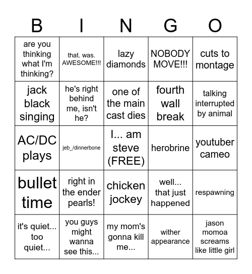 A Minecraft Movie Bingo Card