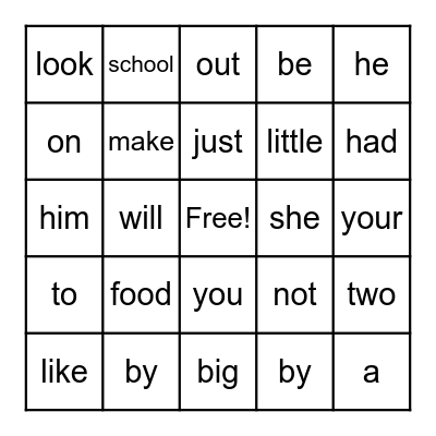 Sight Words Bingo Card