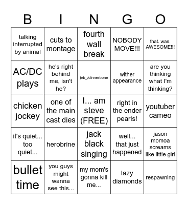 A Minecraft Movie Bingo Card