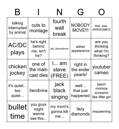 A Minecraft Movie Bingo Card