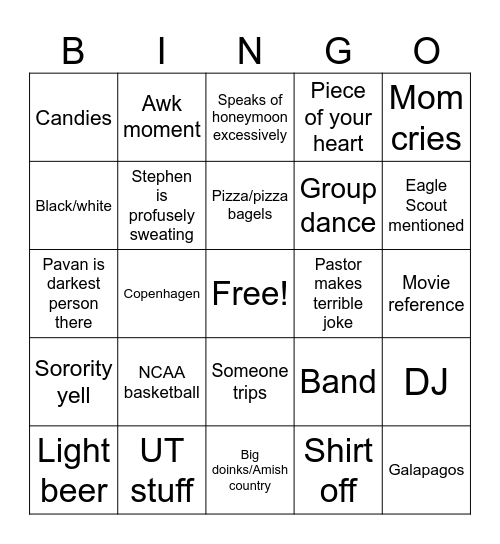 Stephen’s wedding Bingo Card