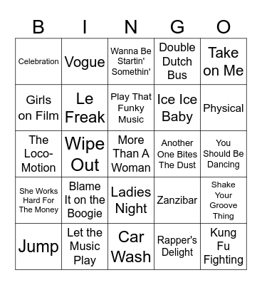 "Roller Skating" Songs Bingo Card