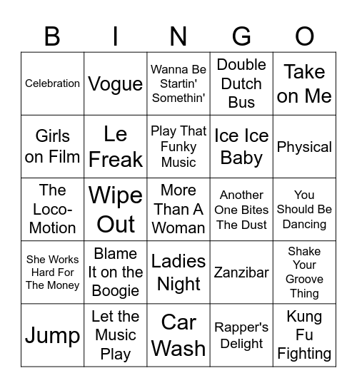 "Roller Skating" Songs Bingo Card