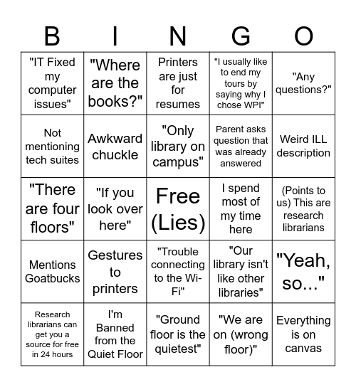 Tour Guide Bingo Card