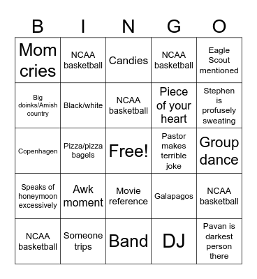 Stephen’s wedding Bingo Card