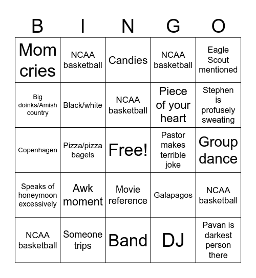 Stephen’s wedding Bingo Card