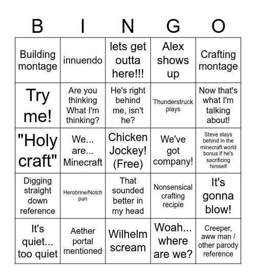 Minecraft Movie Bingo Card