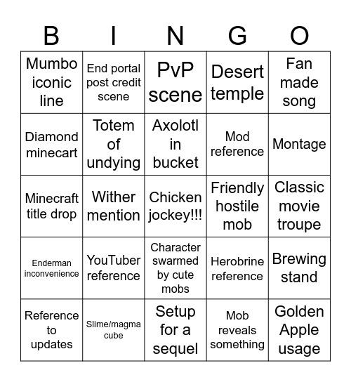 Minecraft movie Bingo Card
