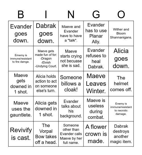 XII Bingo Card