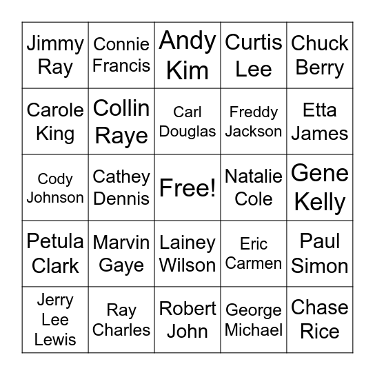 Two (2) First Names Bingo Card