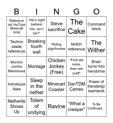 Minecraft Movie Bingo Card