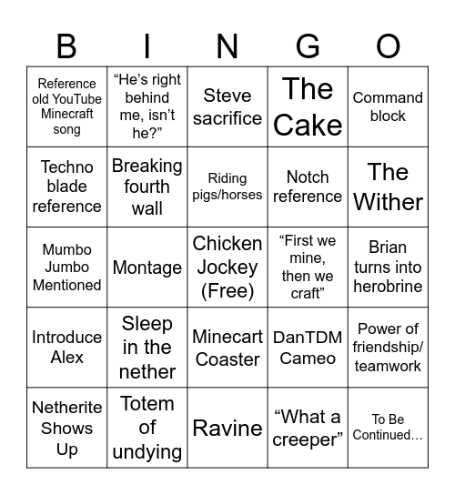 Minecraft Movie Bingo Card