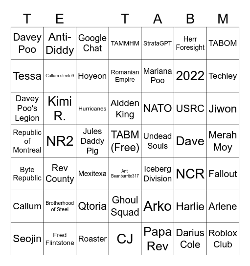 TABM Bingo Card