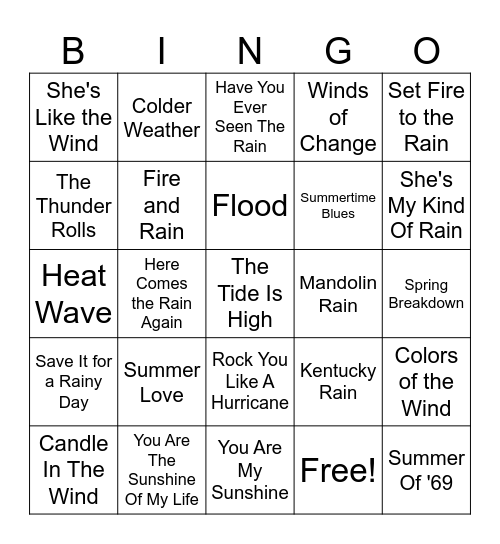 "Weather/Season" Songs Bingo Card