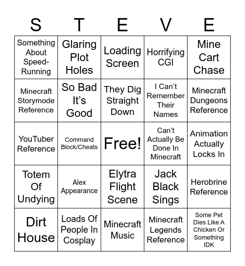 Minecraft Movie Bingo Card