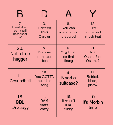 B-Day?? Now that's a red flag Bingo Card