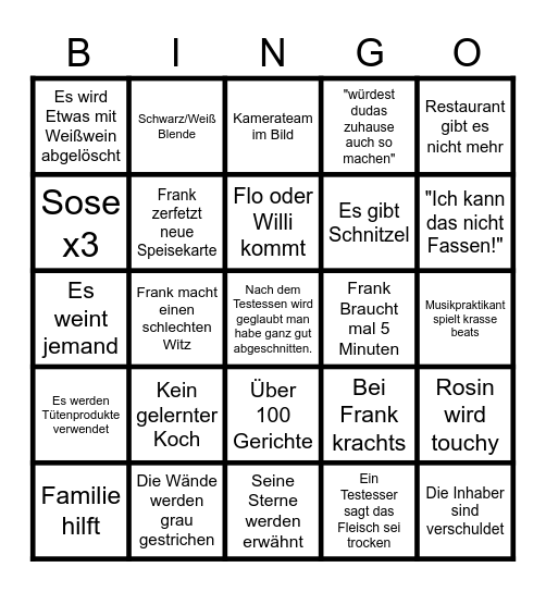 Beste Rosins Restaurant Bingo Card