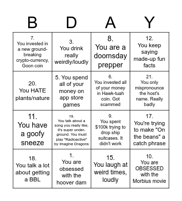 B-Day?? Now that's a red flag Bingo Card