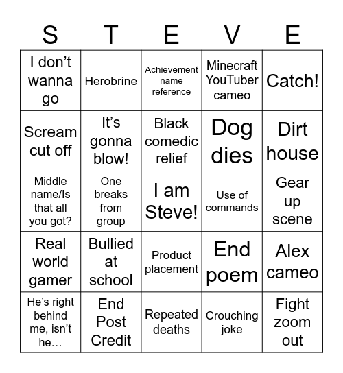 A Minecraft Movie Bingo Card