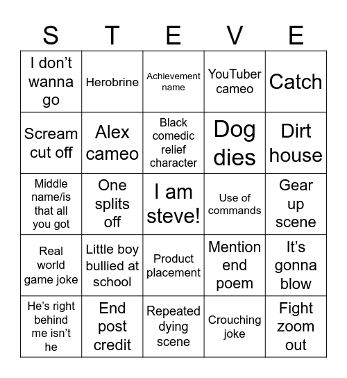 A Minecraft Movie Bingo Card