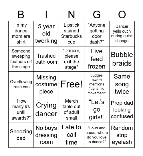 Dance Comp Bingo Card
