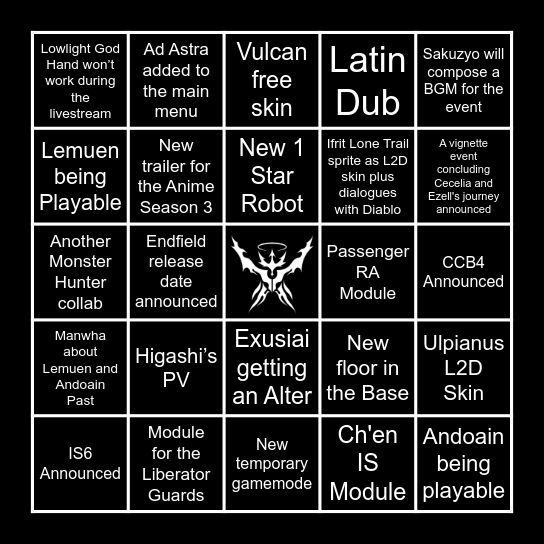 Arknights 6th anniversary livestream Bingo Card