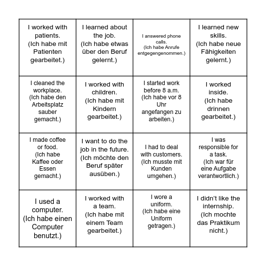 Internship Bingo Card