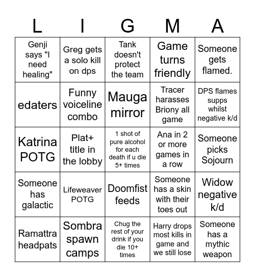 Overwatch Shots Bingo Card