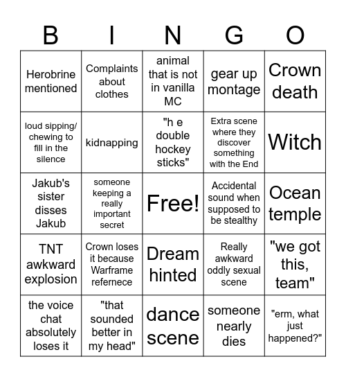 MineCraft Movie Bingo Card