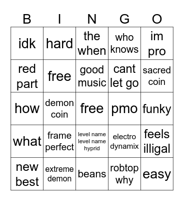 geometry dash level bingo Card