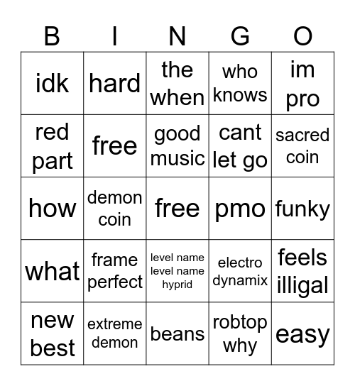 geometry dash level bingo Card