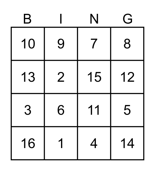 numbers Bingo Card