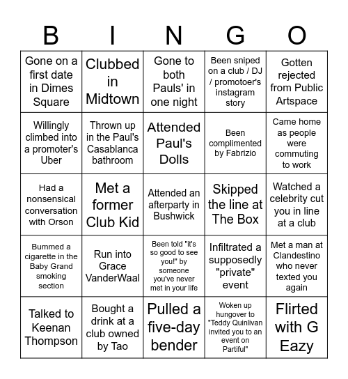 Downtown New York Bingo Card