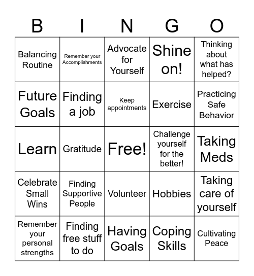 Community Reintegration Bingo Card