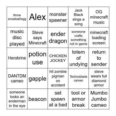 minecraft movie Bingo Card