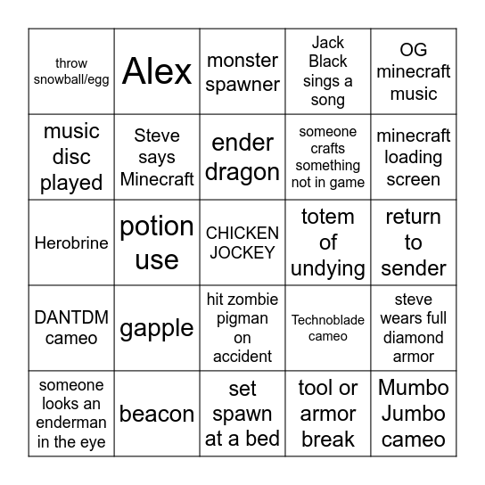 minecraft movie Bingo Card