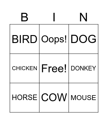 FARM ANIMALS BINGO Card