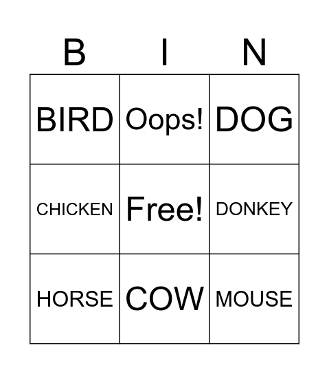FARM ANIMALS BINGO Card
