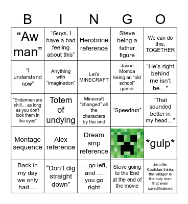 MINECRAFT MOVIE Bingo Card