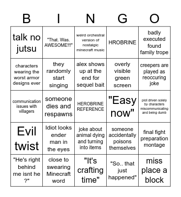 the Minecraft movie bingo Card