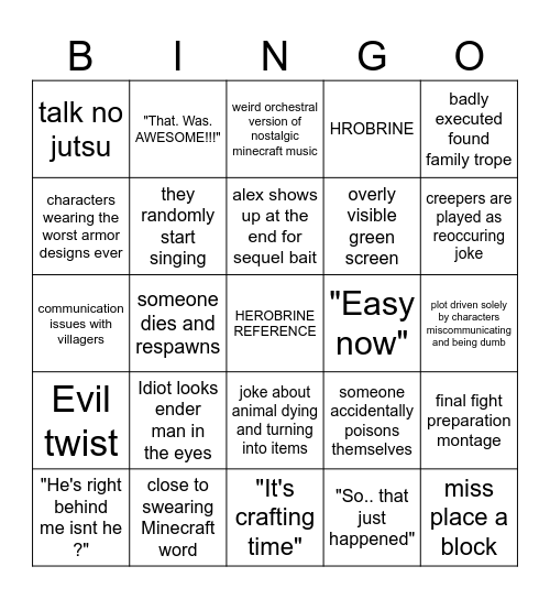 the Minecraft movie bingo Card