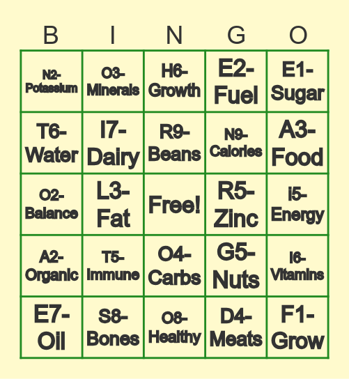 Nutrition Bingo Card