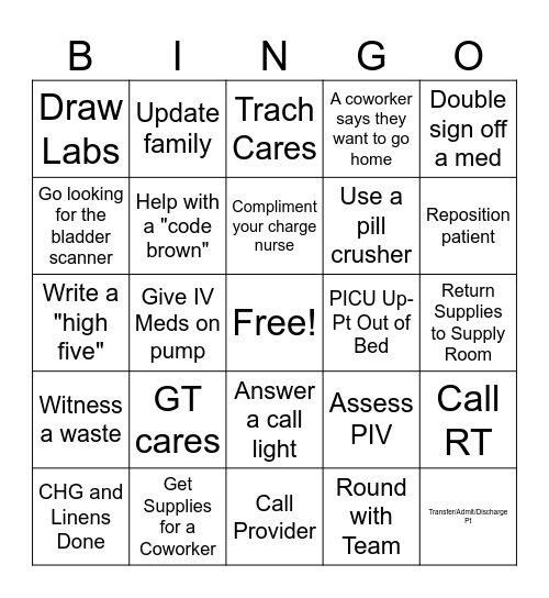 PICU BINGO Card