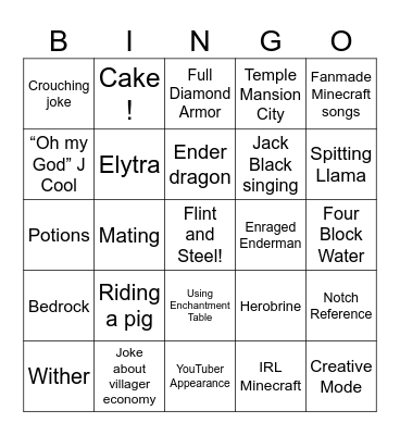Minecraft bingo card Bingo Card