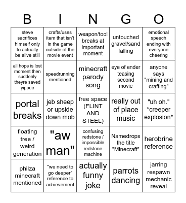 Minecraft Movie Bingo Card