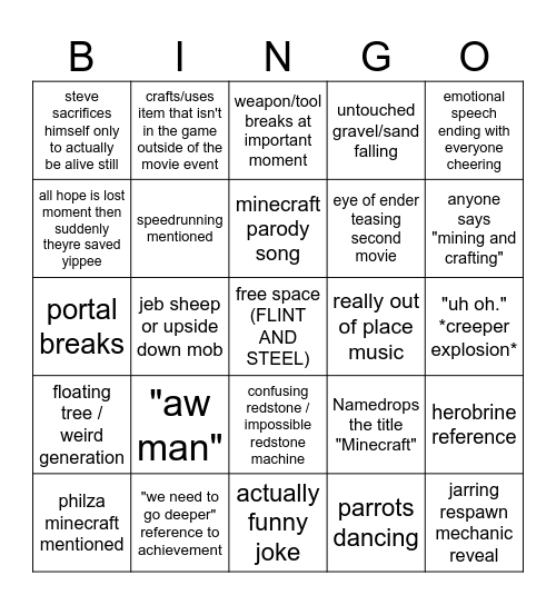 Minecraft Movie Bingo Card