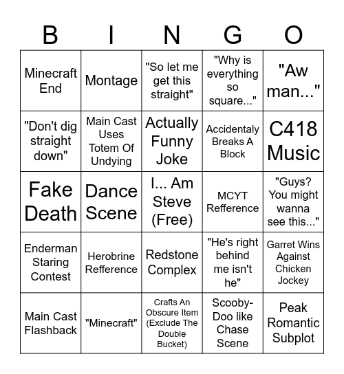 Minecraft Movie Bingo Card
