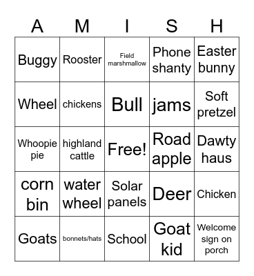 Amish Bingo Card